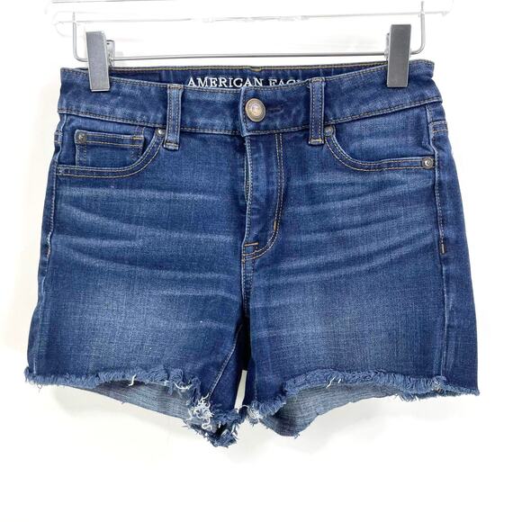 AMERICAN EAGLE Blue Dark Wash Raw Hem Denim Shorts - Picture 10 of 10